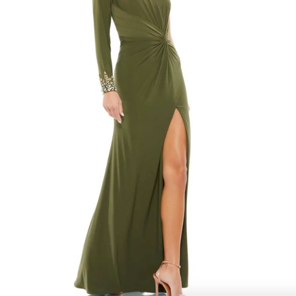 MAC DUGGAL55696 ONE SLEEVE BEADED CUFF SIDE TWIST OLIVE GOWN sz 12 - Picture 5 of 6